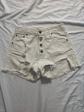 stradivarius White Distressed Button-Fly Jean Shorts